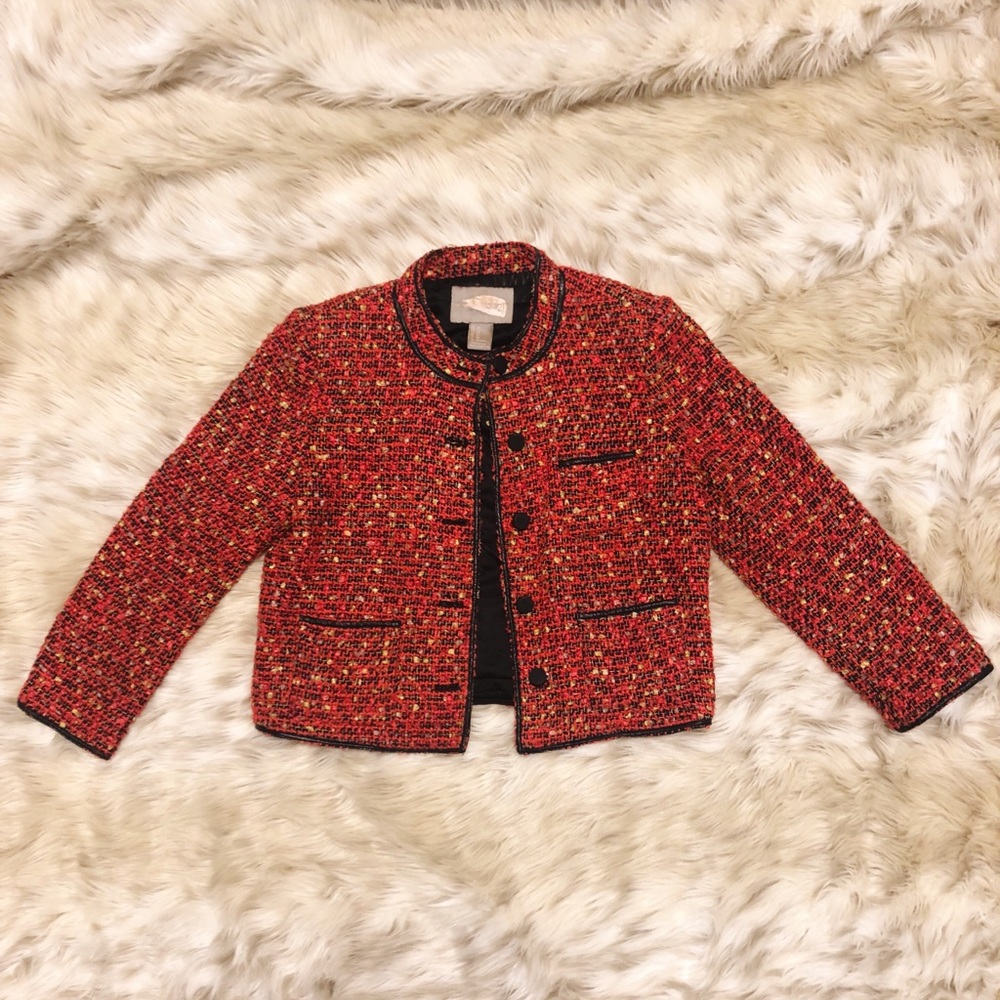 Red and black faux leather accent crop blazer